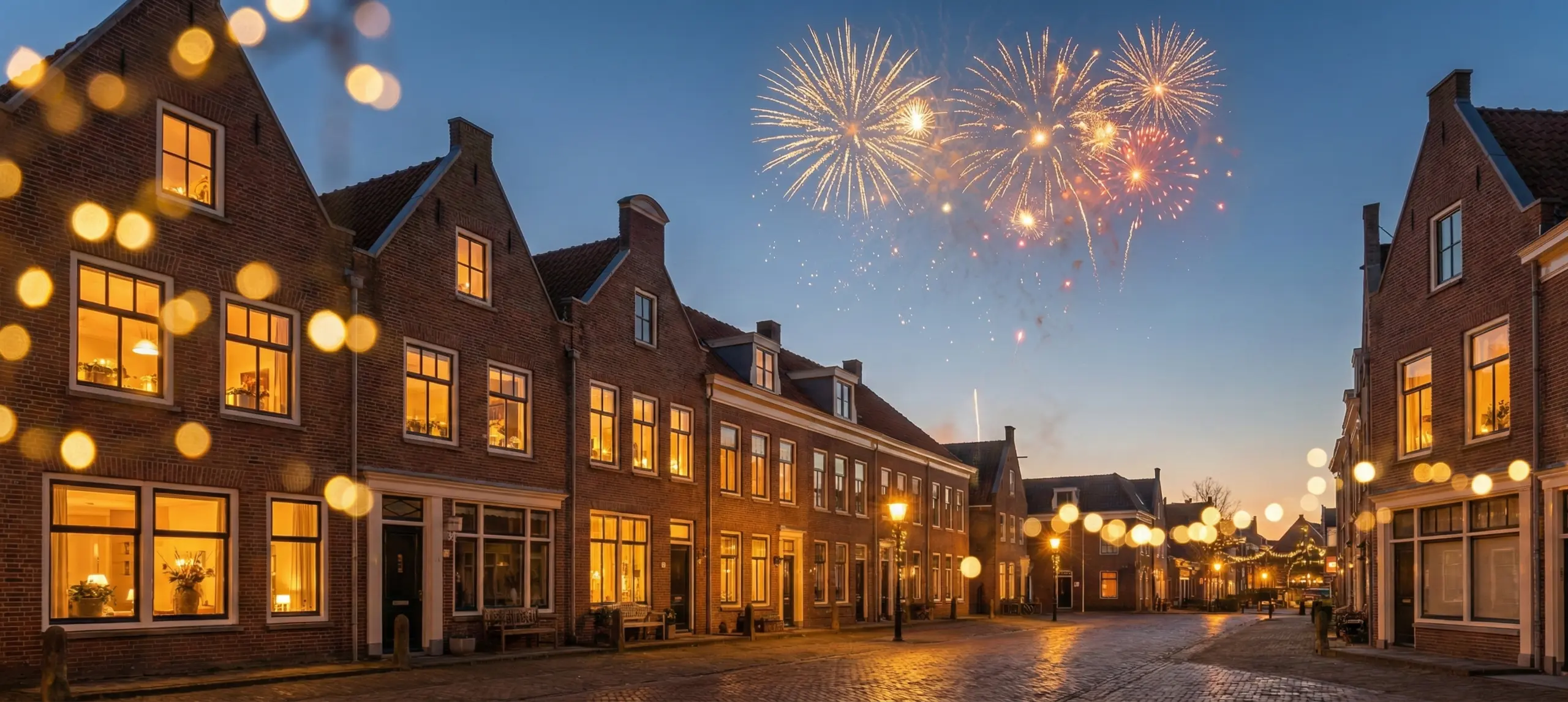 Sfeervol oud en nieuw met vuurwerk in een historische straat
